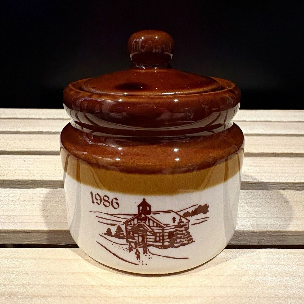 Vintage 1986 The Swiss Colony Cheese Crock Jar Pottery Lid Brown Cream
